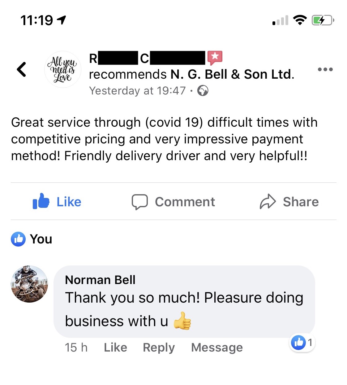 NG Bell Facebook Review “Great service through (Covid-19) difficult times with competitive pricing and very impressive payment method! Friendly delivery driver and very helpful!!”